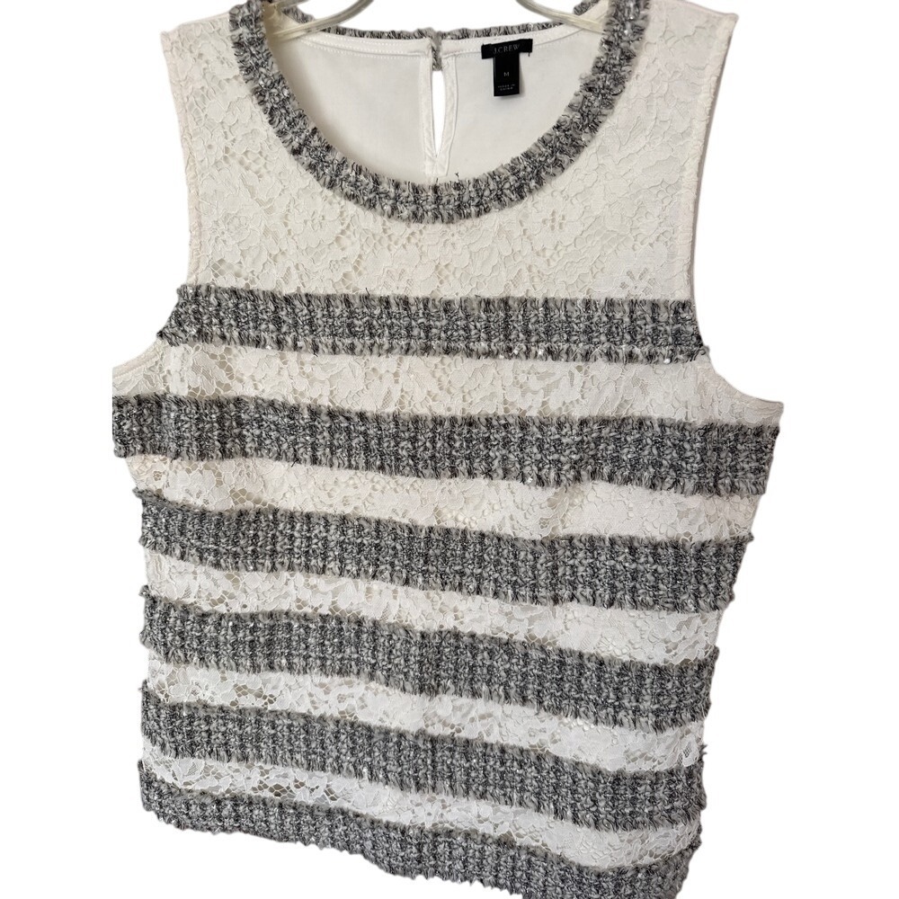 J Crew Top Womens Medium M Metallic Tweed Lace Striped Pullover White Gray